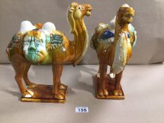 A PAIR OF CHINESE GLAZED TANG CAMELS WITH CHARACTER MARKS TO BASE, 31CM