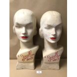 A PAIR OF ART DECO DISPLAY HAT STANDS MADE FROM FIBREGLASS, JACOLL REGD HAT, 48CM