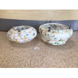 TWO MOTTLED GLASS 1960'S LIGHT SHADES WITH CHAINS