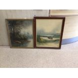 FRAMED OIL ON CANVAS WITH FRAMED OIL ON BOARD BOTH SIGNED AND BOTH LAKE SCENES, THE LARGEST 60 X