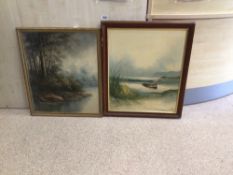 FRAMED OIL ON CANVAS WITH FRAMED OIL ON BOARD BOTH SIGNED AND BOTH LAKE SCENES, THE LARGEST 60 X