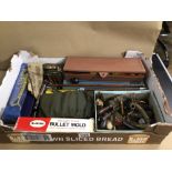 A BOX OF GUNSMITH EQUIPMENT FOR SHOT GUN, RIFLE AND PISTOL FOUR BOXED CLEANING KITS, BOXED BULLET