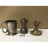 HALLMARKED SILVER CHRISTENING CUP, DWARF CANDLESTICK & PEPPER GRINDER, ALL A/F, 262G GROSS