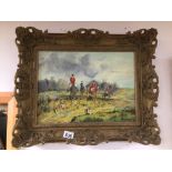 KELLY SWANSTON OIL ON CANVAS (HUNTING SCENE), ORNATE FRAMED, KELLY WAS A FORMER WINNER OF THE ISLE