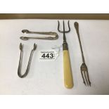 TWO PAIRS HALLMARKED SILVER SUGAR TONGS, HALLMARKED SILVER PICKLE FORK & SILVER COLLARED BREAD FORK,