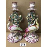 EARLY PAIR OF COZZI MAJOLICA CANDLE STICKS DECORATED WITH FLOWERS AND BIRDS, 26CM