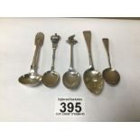 A GEORGE III EMBOSSED HALLMARKED SILVER TEASPOON, WILLIAM BATEMAN & FOUR VARIOUS SILVER SPOONS, 78G