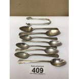 A SET OF SIX 800 GRADE SILVER SPOONS, A PAIR OF HALLMARKED SILVER SPOONS & HALLMARKED SILVER SUGAR