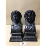 A PAIR OF 19TH CENTURY FIRE DOGS, (EGYPTIAN PHARAOHS) CAST IRON