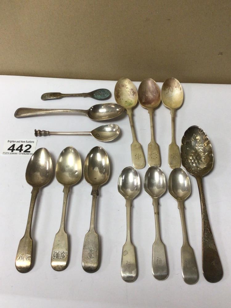 TWELVE VARIOUS HALLMARKED SILVER SPOONS & ONE PLATED EXAMPLE, 300G
