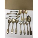 TWELVE VARIOUS HALLMARKED SILVER SPOONS & ONE PLATED EXAMPLE, 300G