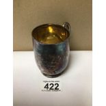 A HALLMARKED SILVER CHRISTENING MUG WITH GILT INTERIOR, 138G