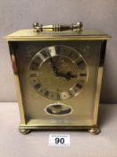A HEAVY BRASS TIMEMASTER QUARTZ STRIKE MANTLE CLOCK, 18CM