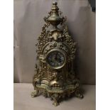 A 1900 FRANZ HERMLE CHIME BRASS MANTLE CLOCK, CRACK TO GLASS AND NO 8 MISSING ON DIAL, 60CM