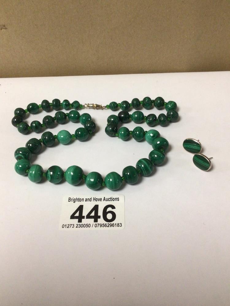 MALACHITE BEAD NECKLACE & 925 MALACHITE STUDS