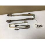 THREE PAIRS OF HALLMARKED SILVER SUGAR TONGS, 88G