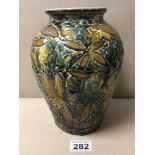 DOULTON LAMBETH GLAZED STONEWARE OVOID VASE MOULDED WITH LEAVES, 23CM