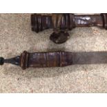 A WEST AFRICAN MANDINKA SWORD, (59CM BLADE LENGTH), CURVED BLADE WITHIN LEATHER SCABBARD