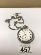 A 925 SILVER ENGINE TURNED POCKET WATCH & CHAIN