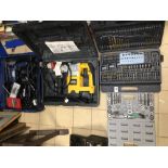 A QUANTITY OF TOOLS ALL CASED, CLARKE DRILL, TAP AND DIE SET, POWERCRAFT DRILL SET AND AEG POWER