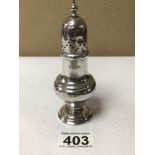 A HALLMARKED SILVER BALUSTER SHAPED SUGAR SIFTER, 14CM, 50G