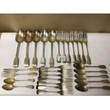 ANTIQUE HALLMARKED SILVER CUTLERY, 16 FORKS, 4 TABLESPOONS, 6 DESSERT SPOONS, AND 2 OTHERS, 1596G