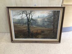 LESLEY, LARGE FRAMED OIL ON CANVAS, FIELDS, AND TREES SIGNED LESLEY, 104 X 73CM