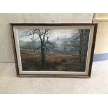 LESLEY, LARGE FRAMED OIL ON CANVAS, FIELDS, AND TREES SIGNED LESLEY, 104 X 73CM