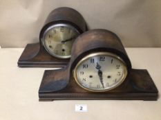 TWO OAK CASED MANTLE CLOCKS ONE WESTMINSTER CHIME BOTH WITH PENDULUM