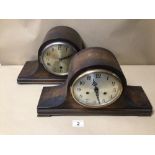 TWO OAK CASED MANTLE CLOCKS ONE WESTMINSTER CHIME BOTH WITH PENDULUM