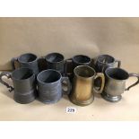 EIGHT PEWTER AND SILVER PLATE TANKARDS WITH MILITARY INSCRIPTIONS INCLUDES THE LAST DROP GLASS