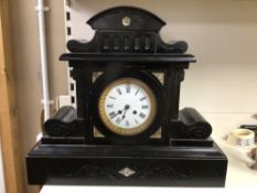 LARGE BLACK SLATE CLOCK WITH ROMAN NUMERALS ON DIAL(MISSING PENDULUM AND KEY), 43 X 50CM