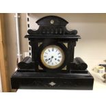 LARGE BLACK SLATE CLOCK WITH ROMAN NUMERALS ON DIAL(MISSING PENDULUM AND KEY), 43 X 50CM