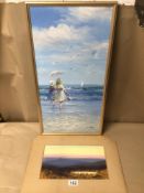 P . WATKINS OIL ON CANVAS FRAMED SEASIDE VIEW 63 X 33CM WITH AN UNFRAMED WATERCOLOUR SIGNED N.R