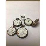 FOUR SILVER POCKET WATCHES A/F