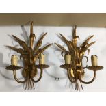 A PAIR OF GILT METAL WHEATSHEAF TWO BRANCH WALL LIGHTS, 39CM