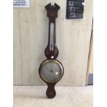 A GEORGE III INLAID MAHOGANY BANJO BAROMETER AND THERMOMETER WITH SILVERED DIALS AND RICOLTA AND CO,