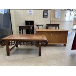 SIX WOODEN FURNITURE ITEMS, BLANKET CHEST, COFFEE TABLE, CD RACK & THREE SIDE TABLES