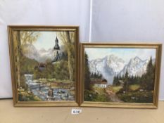 TWO OIL ON BOARDS BOTH MOUNTAIN SCENES, THE LARGEST 33 X 27CM