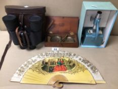 MIXED ITEMS, CASED BINOCULARS (REGENT) 7 X 50, BOXED W AND T AVERY BRASS SCALES, MICROSCOPE, AND