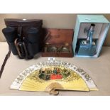 MIXED ITEMS, CASED BINOCULARS (REGENT) 7 X 50, BOXED W AND T AVERY BRASS SCALES, MICROSCOPE, AND