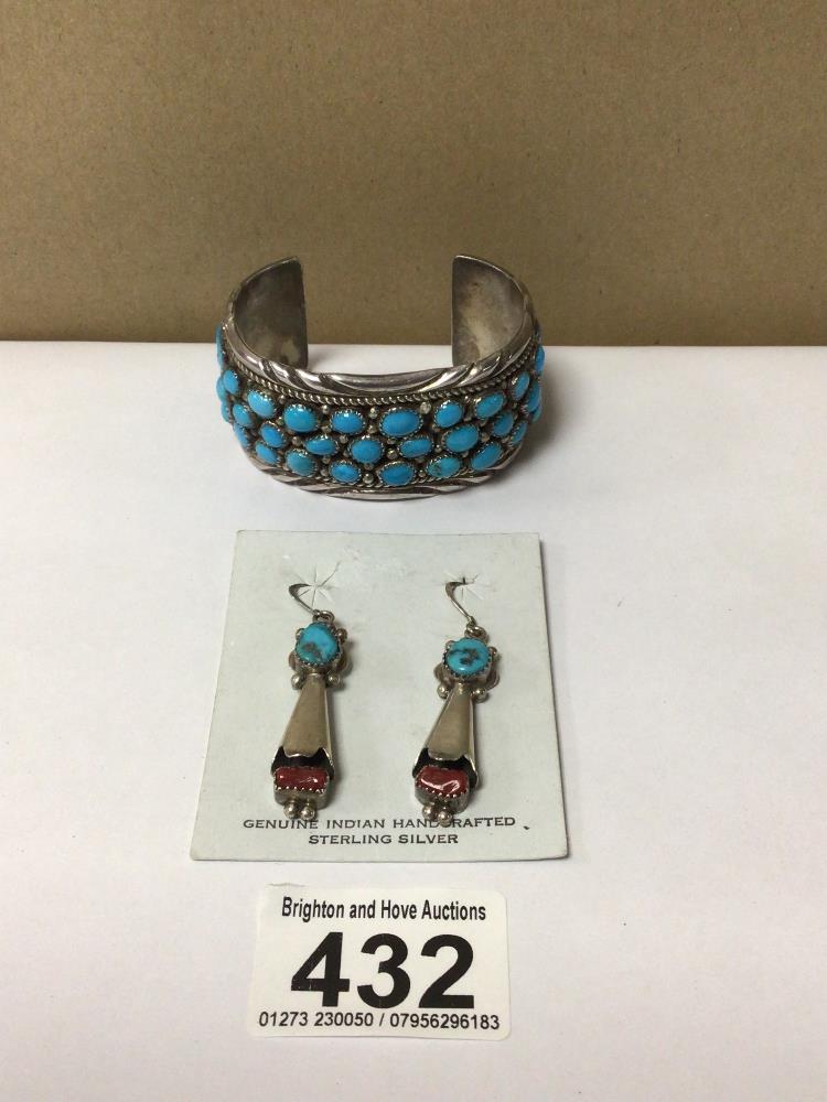 STERLING SILVER BANGLE WITH TURQUOISE STONES AND SIMILAR EARRINGS