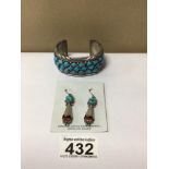 STERLING SILVER BANGLE WITH TURQUOISE STONES AND SIMILAR EARRINGS