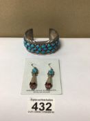 STERLING SILVER BANGLE WITH TURQUOISE STONES AND SIMILAR EARRINGS