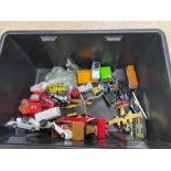 BOX OF MIXED PLAY WORN DIE-CAST TOYS, CORGI, MATCHBOX, MAJORETTE, MARBLES, AND DARTH VADER