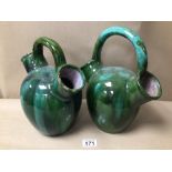 STONEWARE GLAZED GREEN PAIR OF VASES, 29CM