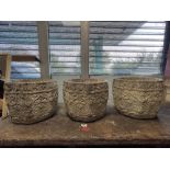 THREE HEAVY CONCRETE COTSWOLD PLANTERS, 36 X 29CM