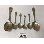 SIX VARIOUS HALLMARKED SILVER SPOONS, 132G
