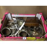 A LARGE BOX OF MIXED SILVER PLATED ITEMS
