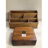A VINTAGE WOODEN DESK TIDY A/F, 38CM WITH A VICTORIAN BRASS BOUND WOODEN BOX